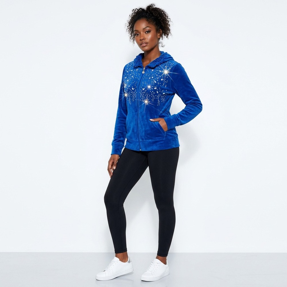Three Hearts Womens PS Sparkle Fleece Jacket Petite Small Blue Full Zip Warm Up